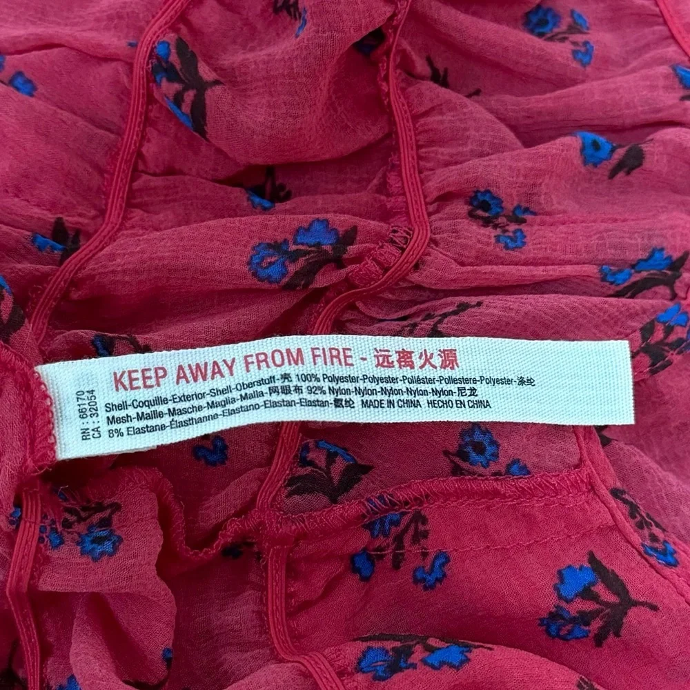 Free People Intimacy Bodysuit Red‎ with Blue Flowers Size Small